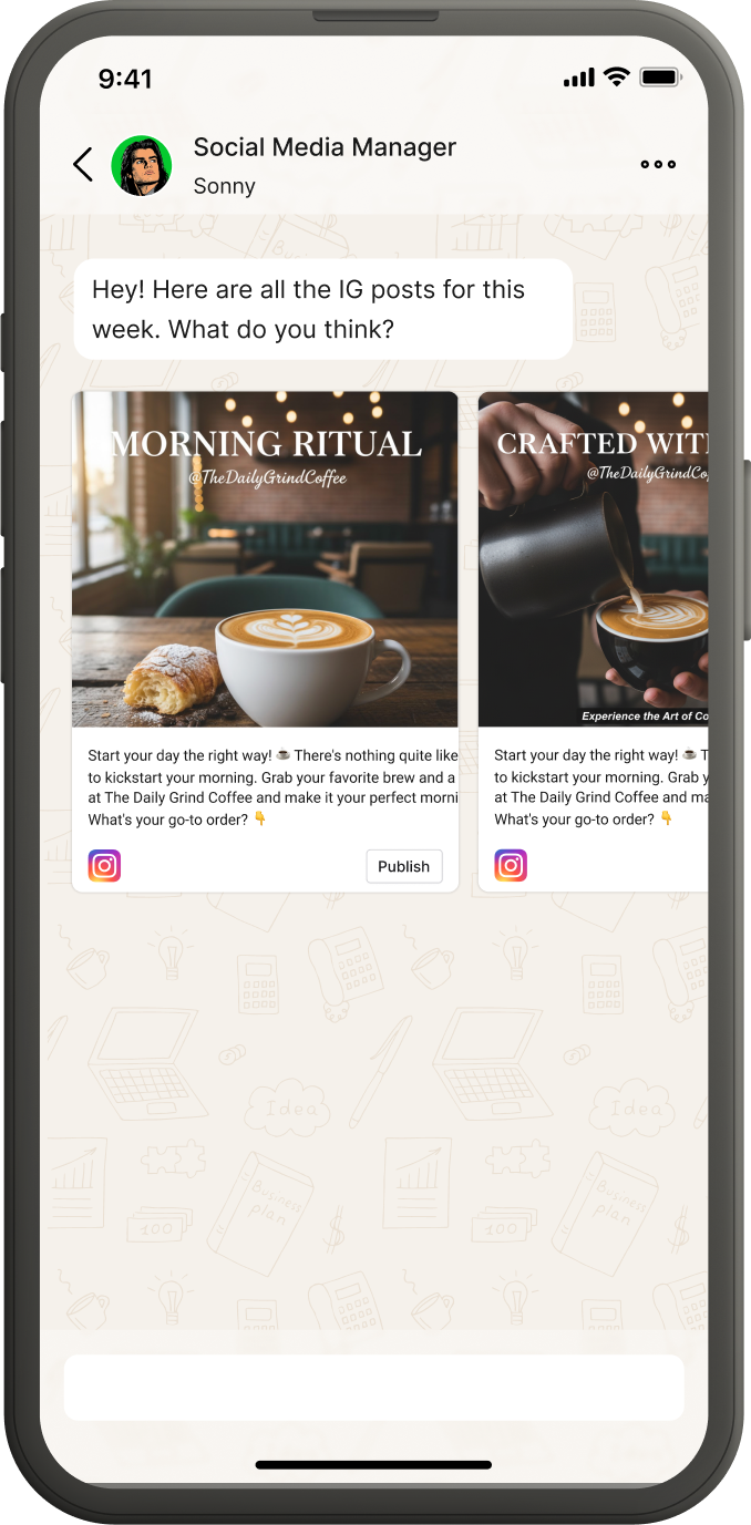 Sonny sends you social media posts every day, schedules posts automatically and can post on FB, IG, X, Linkedin & Google My Business.